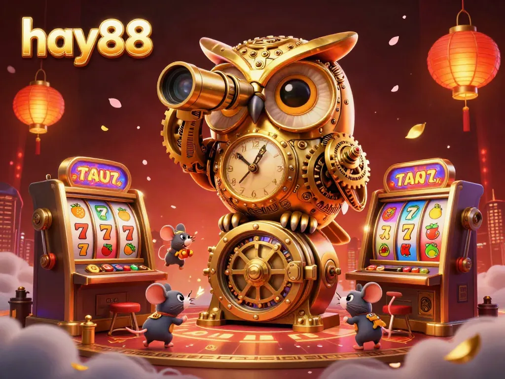Experience hay88 casino excitement with a golden owl surveying vibrant slot machines and festive elements.