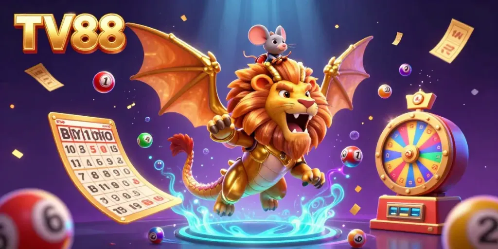 TV88 brings excitement with a vivid illustration of a chimera and dynamic lottery elements.