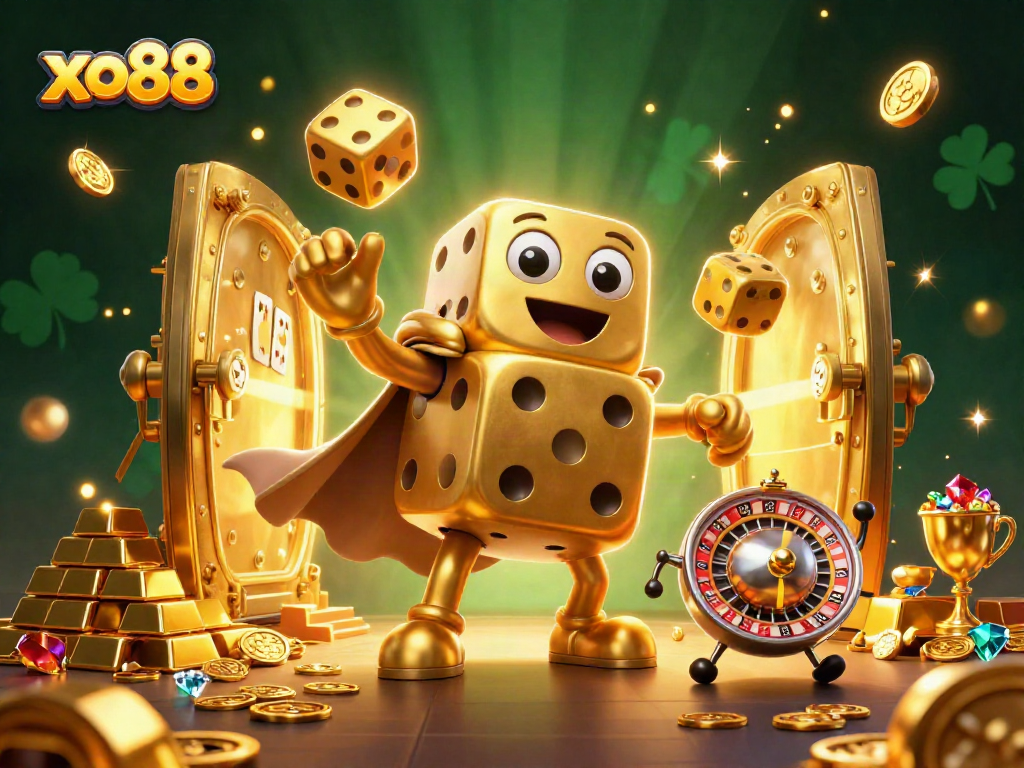 Experience thrilling games at xo88 with a vibrant 3D casino scene featuring gold dice and treasure.