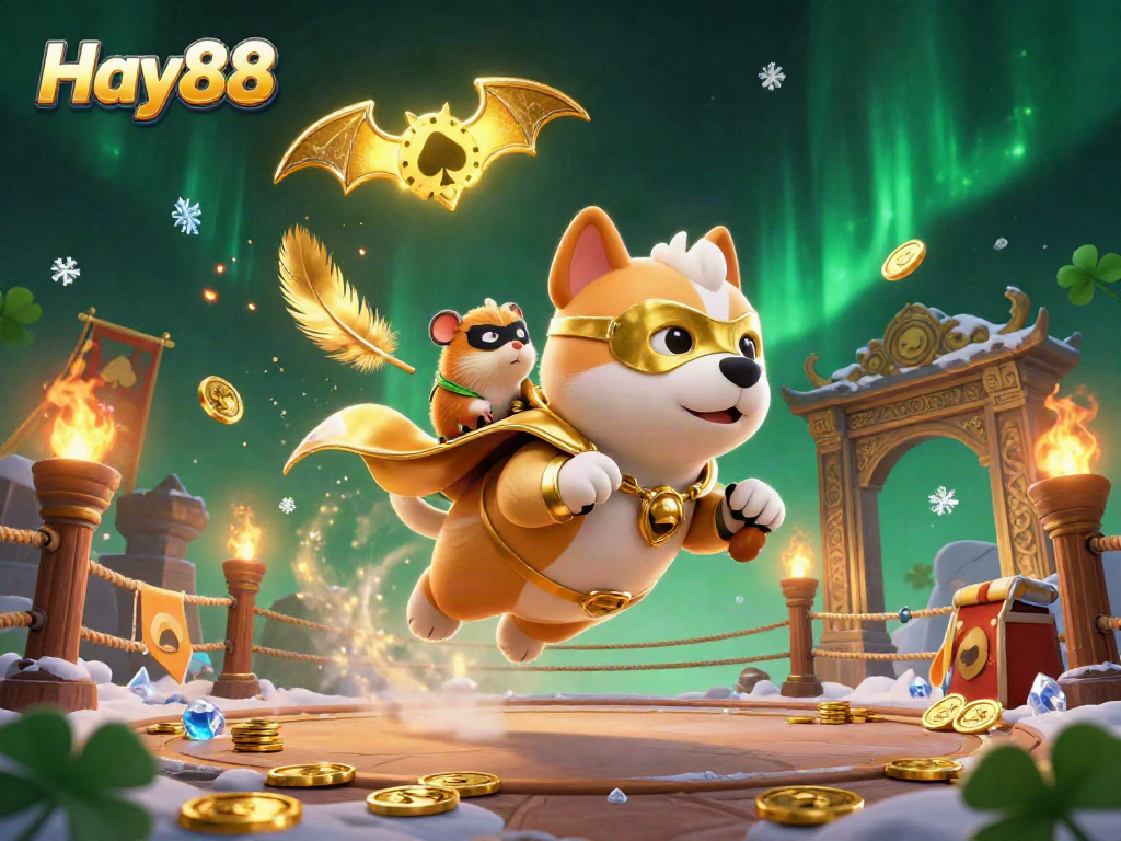 Experience the exciting Hay88 world with a flying superhero dog carrying gold coins, surrounded by thrilling casino elements.