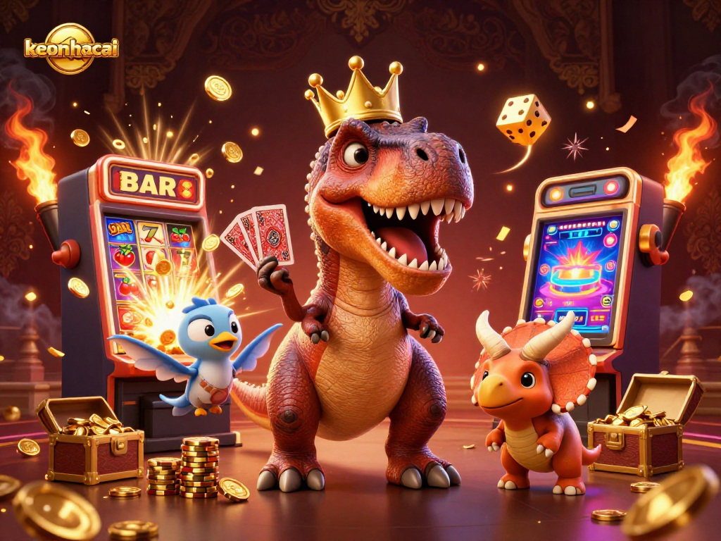 Join keonhacai's thrilling casino celebration with a T-Rex and friends, showcasing unforgettable gaming action.